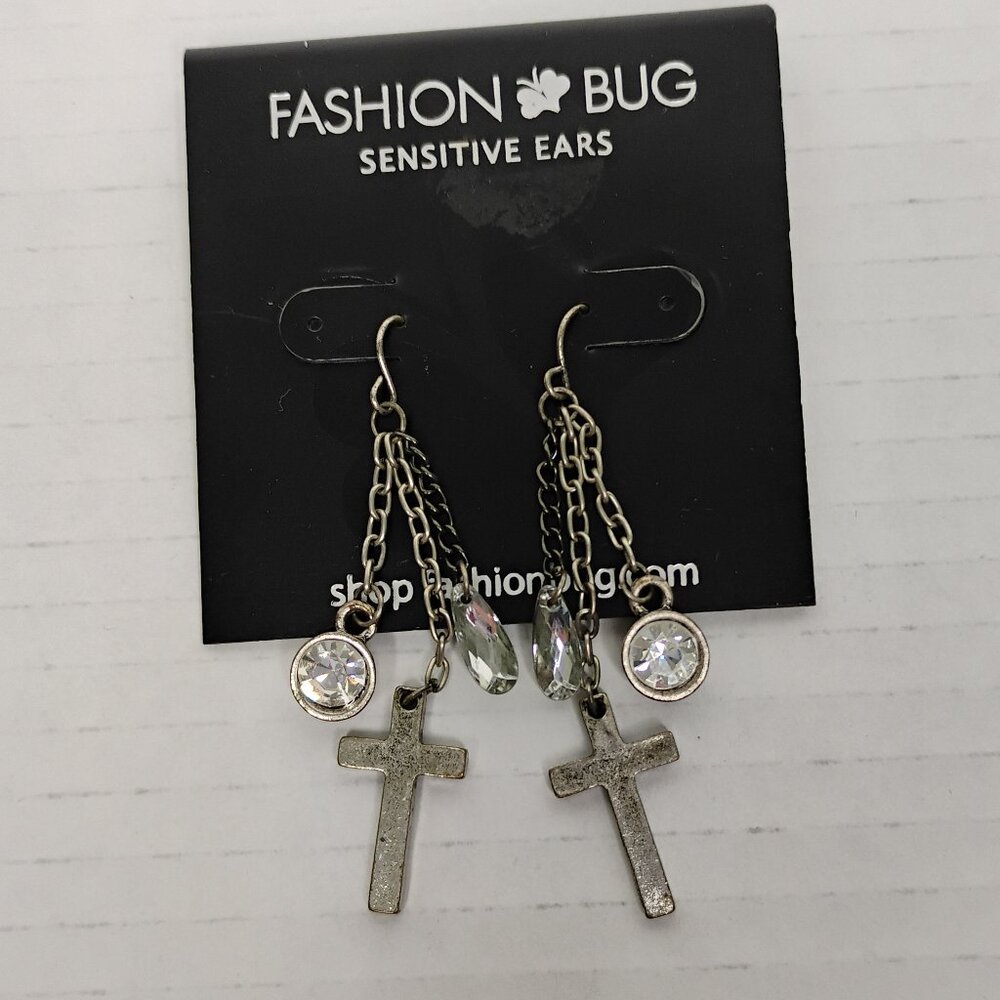 Fashion Bug Silver Tone Cross Dangle Earrings | New | Sensitive Ears